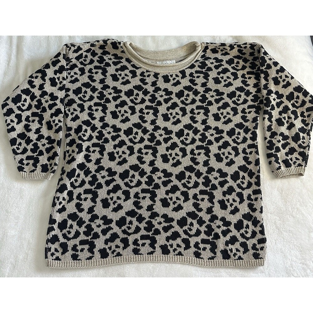Vtg Knit Stitches Leopard Print Sweater Womens Medium Cotton Blend USA Made 90s